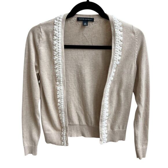 Banana Republic Sweaters - Banana Republic Open Knit Short Cardigan Sweater XS Oatmeal Crochet Trim Cotton